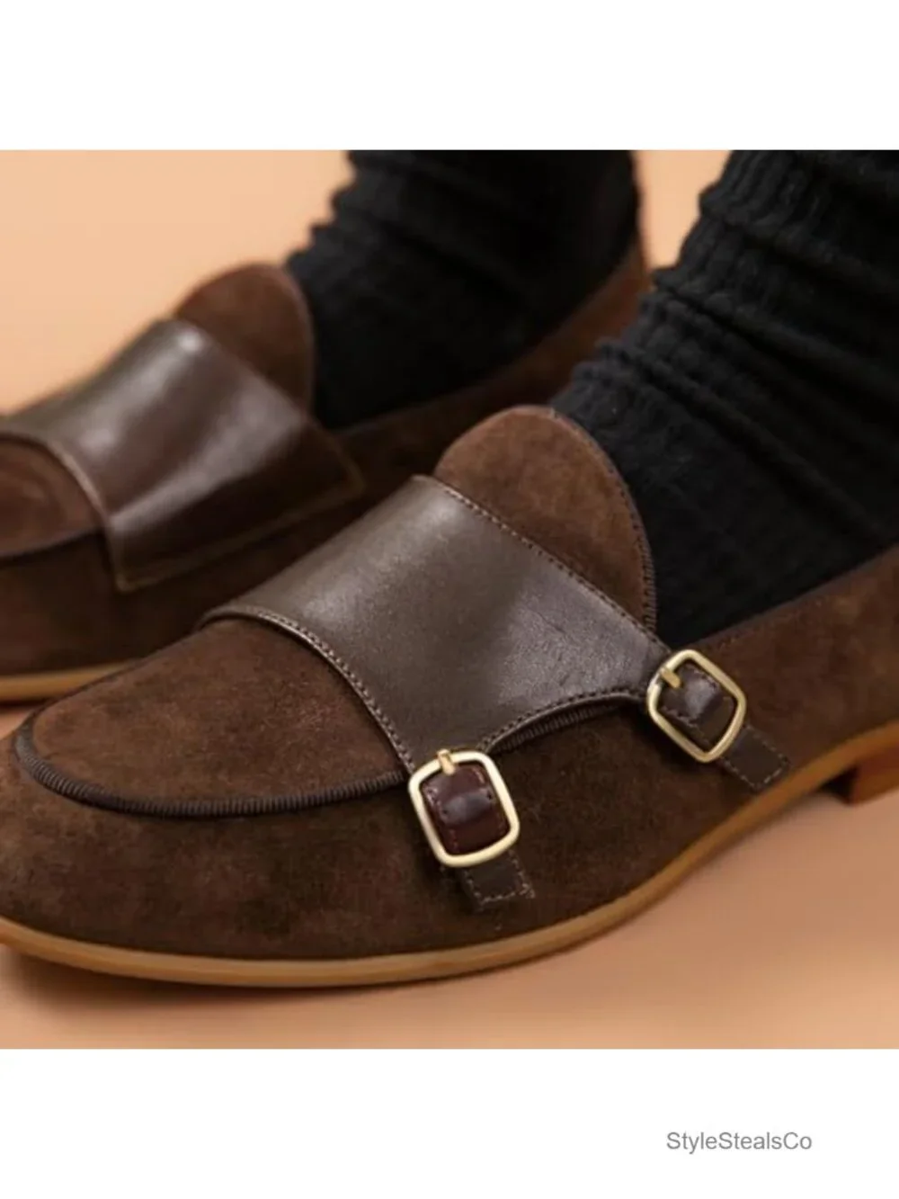 Genuine Leather Monk Strap Loafers Flat Slip-on Comfort Business Casual